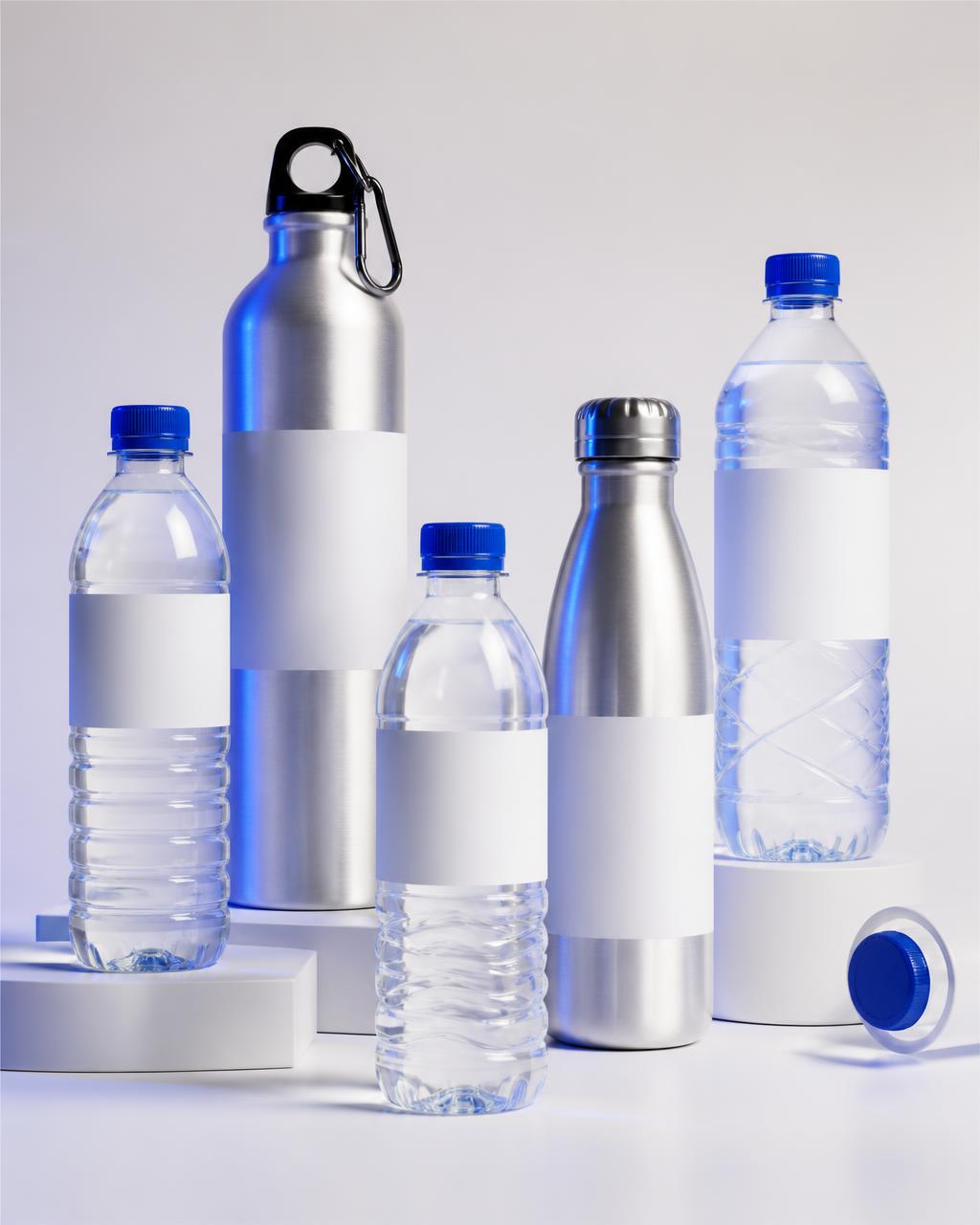 Collection of custom branded plastic and aluminum water bottles