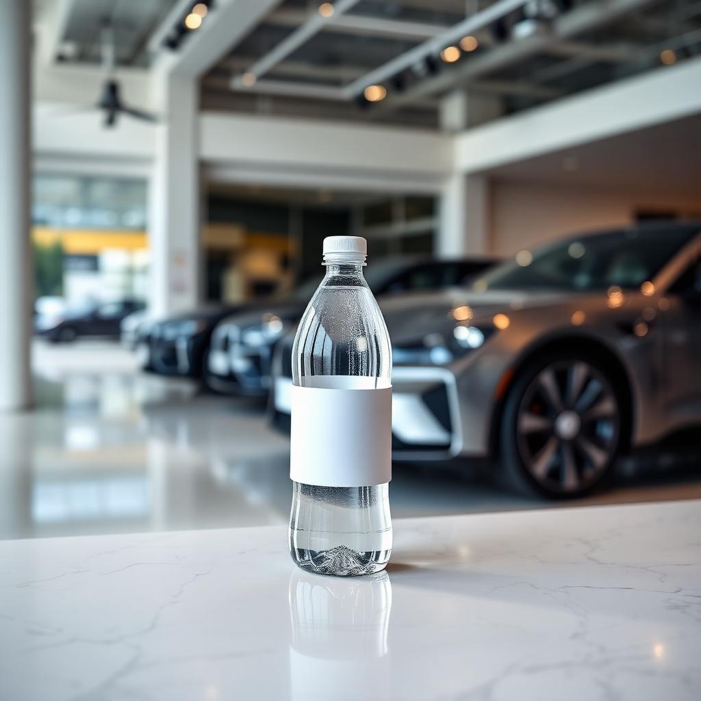 Branded bottled water in a car dealership showroom