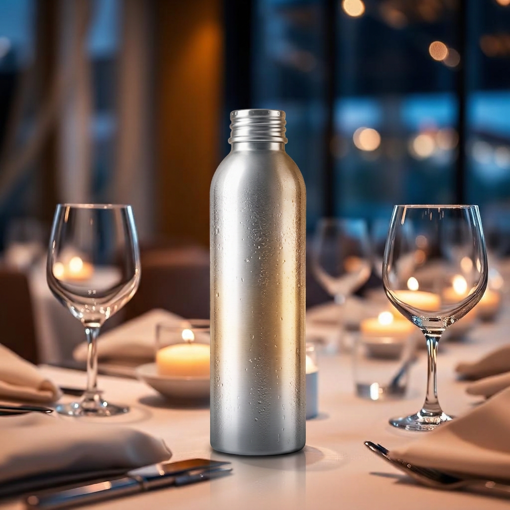 Branded bottled water on a restaurant table setting